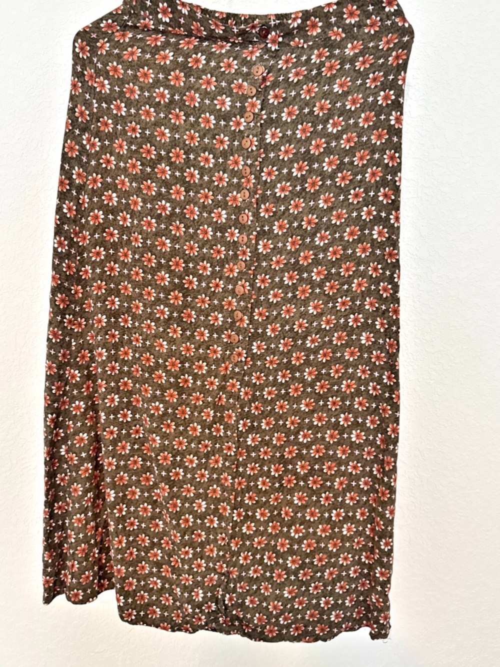 Button-Front Maxi Skirt in Olive with Coral Daisy Print